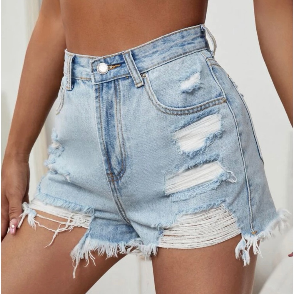 SHEIN EZwear Raw Hem Distressed Denim Shorts
